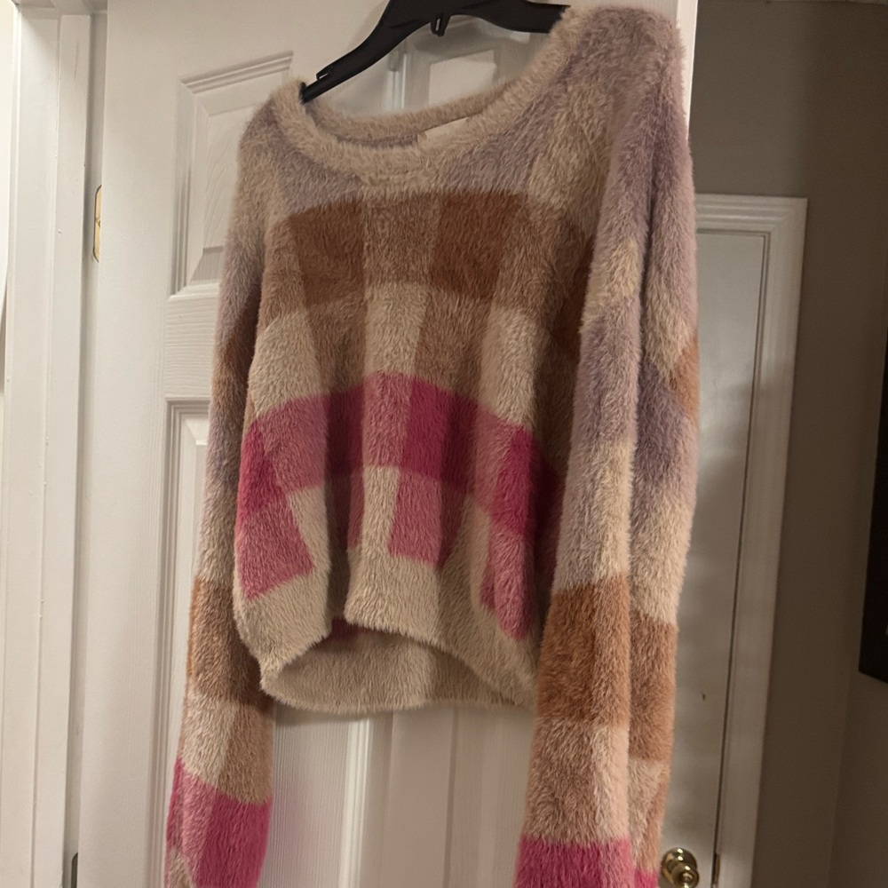 Altar'd State Fuzzy Plaid Sweater - Pink, Tan, and Brown